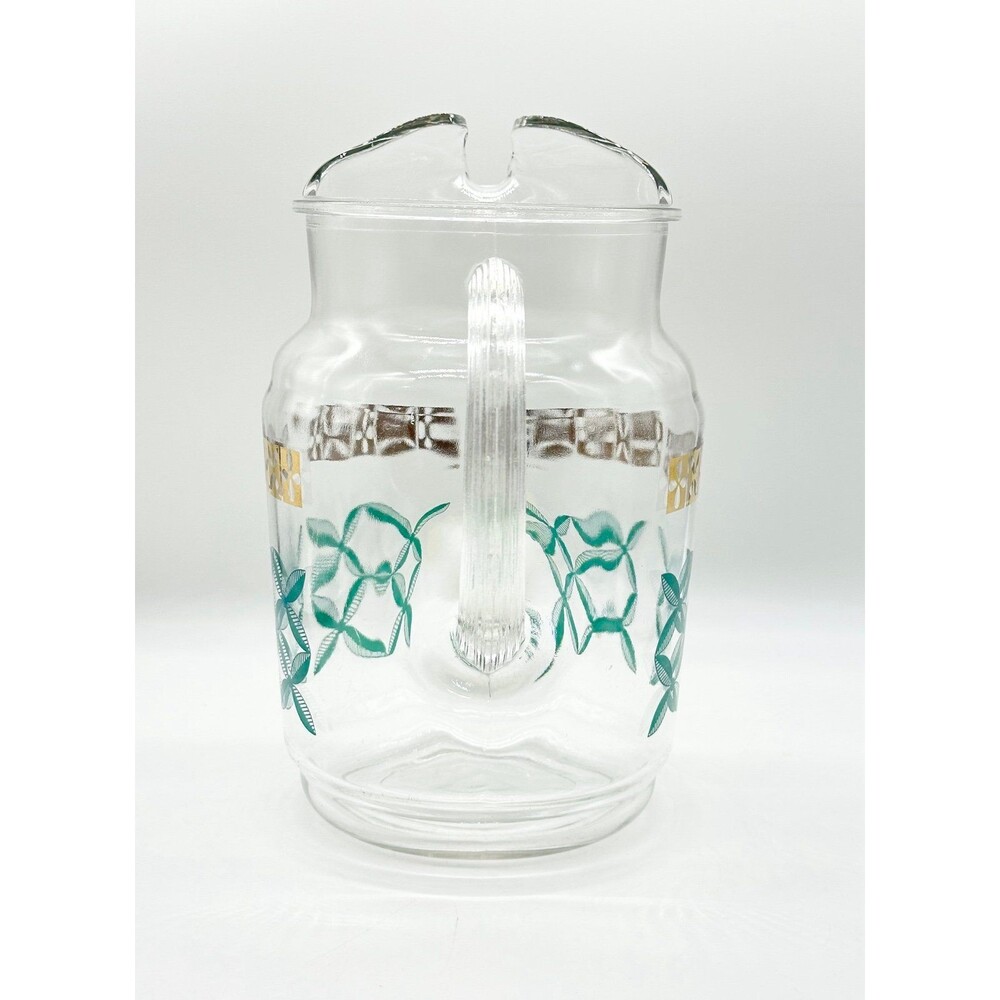 Vintage MCM Federal glass juice carafe jug pitcher gold trim teal green design - Picture 3 of 9